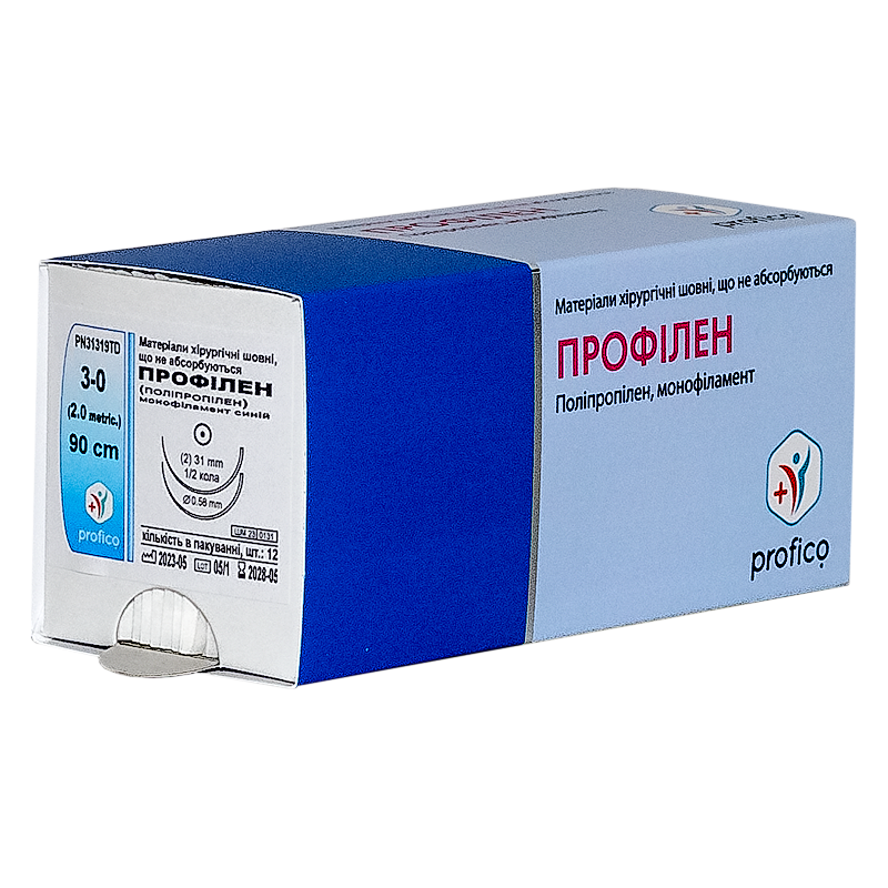 Профілен (Поліпропілен), синій, USP 3/0, 90 см; дві колючі голки1/2 кола, 31 мм